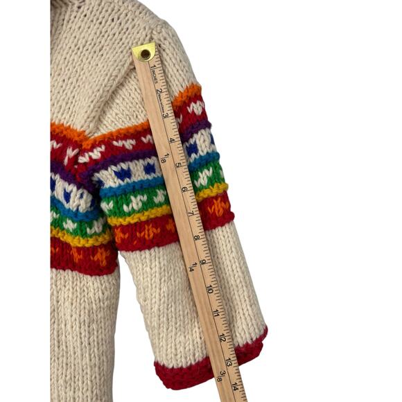 Hand Knit Sweater Kids Full Zip Hooded Fleece Lined Large Multicolor Pockets - Picture 4 of 9